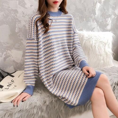 Autumn Winter New Korean Womens Sweater Dress Fresh Knee high Female Colorful Loose Fashion Lazy wind Pullovers Knitted Sweater