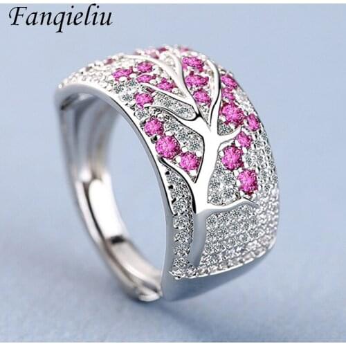 Fanqieliu Four Color Crystal Tree Jewelry Wedding Bands For Girl Vintage Cuff Adjust 925 Sterling Silver Ring Women FQL21230
