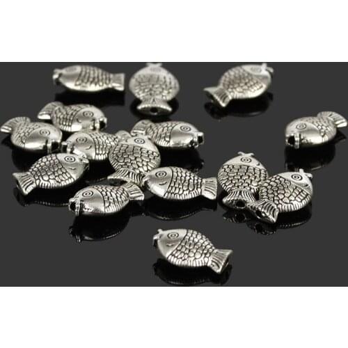 100pcs/lot Cute Charms Antique Tibetan Silver Metal Beads Fish Shape Spacer Beads Fit European Bracelet Jewelry DIY 8X12mm