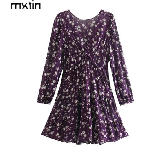2021 Women Vintage Floral Print Mini Dress Fashion V Neck Long Sleeve Female Party Dresses Vestidos Mujer Women Clothing