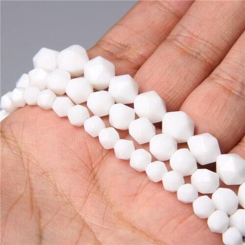 6 8 10MM Natural White Porcelai Stone Diamonds Faceted Spacer Loose Beads Charm DIY Men Women Bracelet Jewelry Making 15" Strand