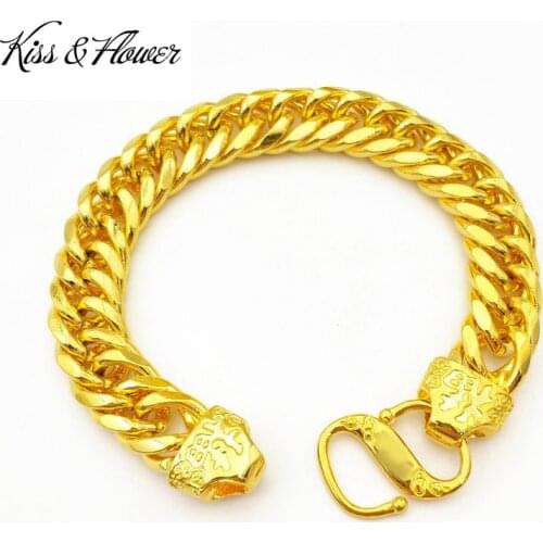 KISS&FLOWER BR127 2021 Fine Jewelry Wholesale Fashion Man Boy Birthday Wedding Gift Majestic Wide 24KT Gold Flat Chain Bracelet