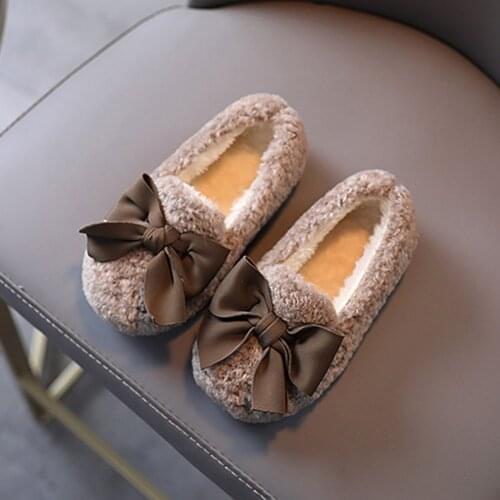 Kids Fleece Flat Shoes Littler Girls Fall Warm Lightweight Shoes for Toddlers Casual Loafer Khaki Slippers Christmas Bowknot Hot