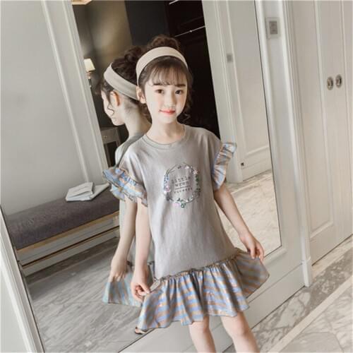 2019 Summer Big Girls Dress Fashion Korean Ruffled Casual Print Short Sleeve Kids Dresses For Girls Children Cotton Clothing
