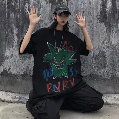 Short-sleeved mans new summer dark cartoon print ins street hip-hop T lazy loose shirt