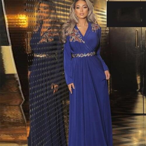 Blue Chiffon Moroccan Kaftan Evening Dresses Elegant Appliques Mother Formal Dress Arabic Muslim Prom Party Gown Custom Made