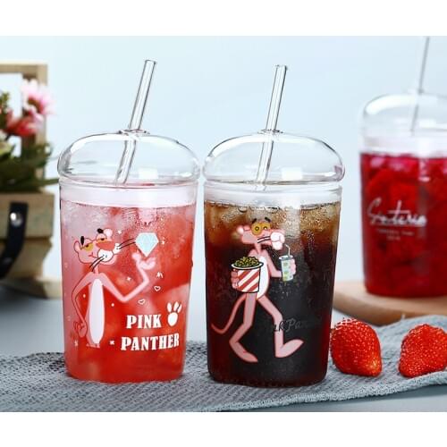 50ml Straw Cup Transparent Glass Sippy Cup with Antislip Lid Cute Cartoon Milk Mugs Water Juice Coffee Tea Cups Unique Drinkware