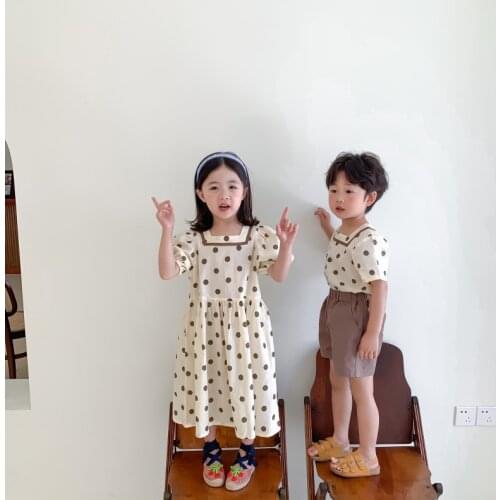 Summer 2021 cute dot brother and sister clothes Girls short sleeve casual dress boys T shirt and shorts