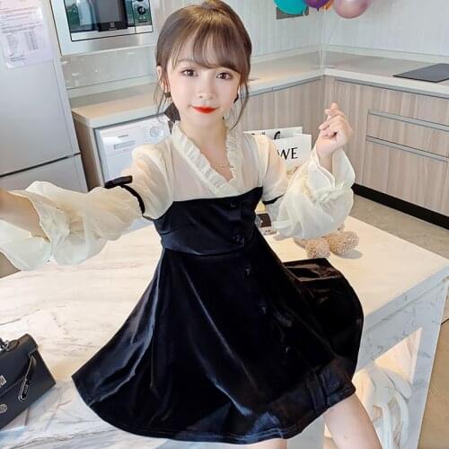 Cute Boutique Teenage Girls Clothing Spring Autumn Fashion Girl Korean Style Gold Velvet Dress Pink Beauty Christmas Clothes