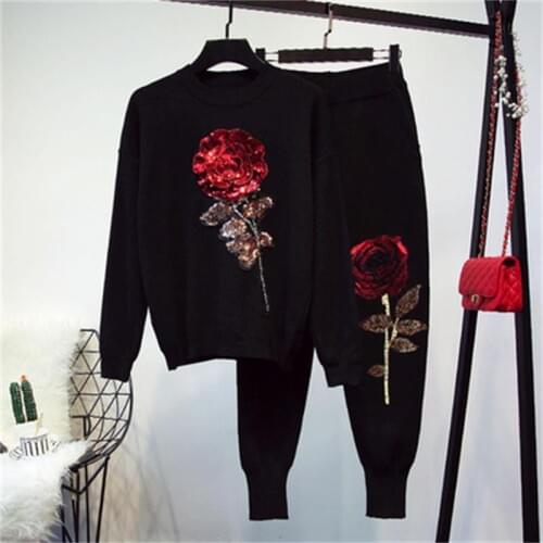 Fashion woolen suit female spring fall New high-quality casual loose sequins Rose flower long-sleeved sweater + Harem pants Set