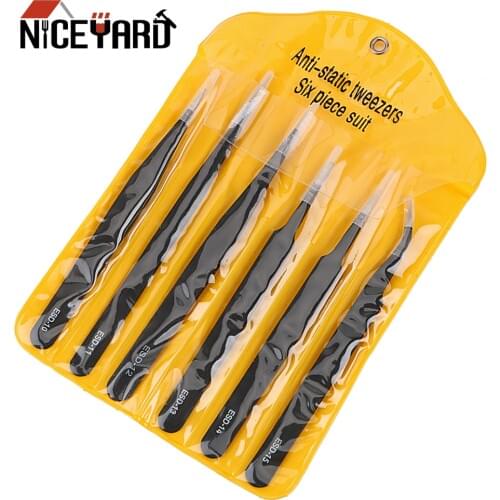 NICEYARD 6Pcs/Set Anti Static Tweezers Set for Watch Jewelry Mobile Phone Electronics Precision Industrial Repair Tweezers
