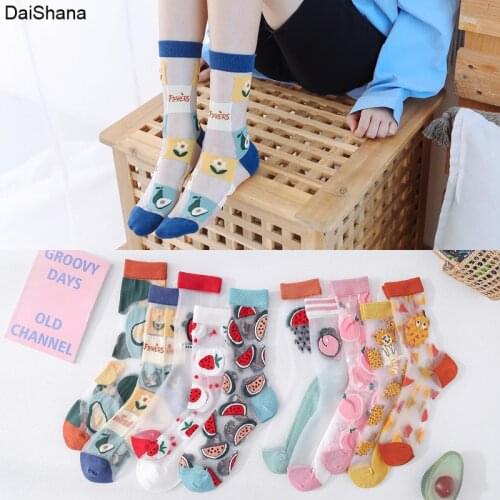 1Pairs Transparent Socks Embroidery Flower Socks for Women Fashion Fruit AB Sock Girls Female Harajuku Casual Floral Socks 35-44