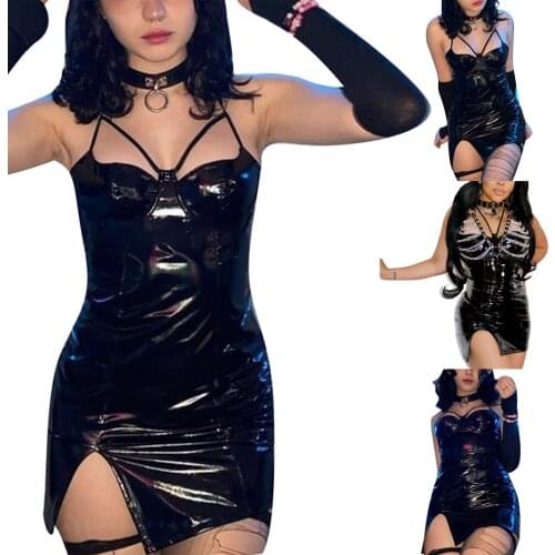 Sexy womens bright leather wrap chest split suspender dress, suspender split tight dress, fashion solid leather V-neck skirt