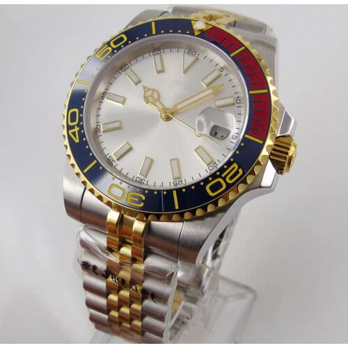 Silver 40mm Mechanical Wristwatch Mens Sapphire Glass Date Jubilee Band Rotating Ceramic Bezel