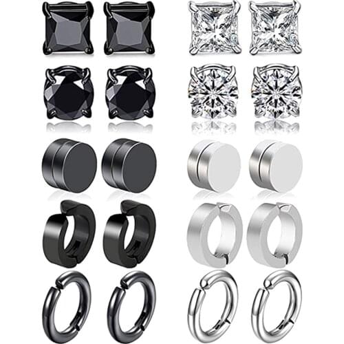 1 Pair 316L Stainless Steel Magnetic Stud Earring for Men Women hypoallergenic Clip On Non Pierced Cool Black CZ Earring Set
