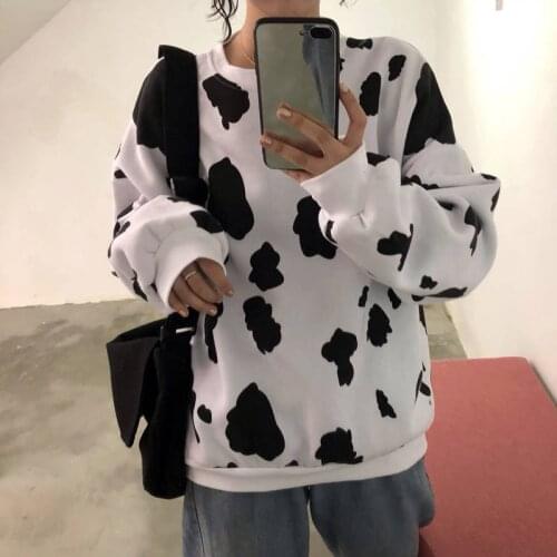 Sweatshirt Oversize Autumn Winter Cow Milk Print Loose Long Sleeve Harajuku Female Hoodies Streetwear Clothes Sudaderas Mujer