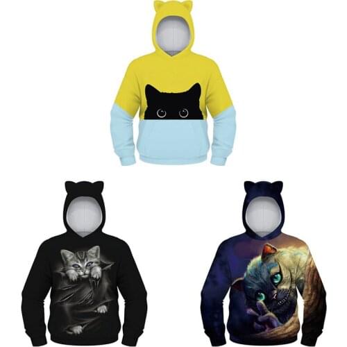New 3D Digital Print Hoodies Boys Girls Cute Ear Cap Sweatshirt Long Sleeve Fashion Hooded Children Pullover Tops Kids Clothes