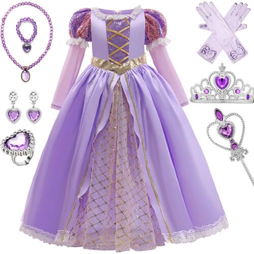 Girls Princess Dress Up Kids Christmas Halloween Cosplay Rapunzel Tulle Fancy Costume For Children Girls Birthday Clothes Set