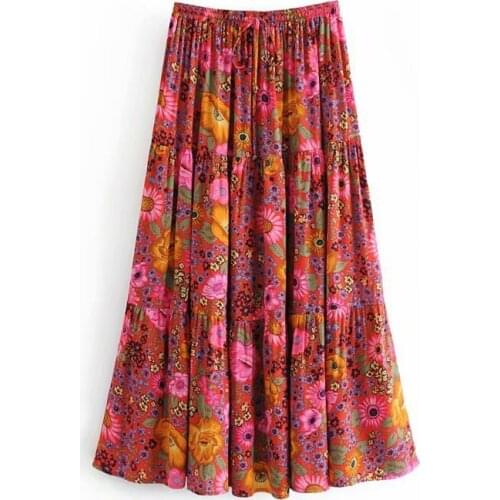 Vintage chic fashion Hippie women beach Bohemian red floral print skirt High Elastic Waist A-Line Boho Maxi Skirt Femme