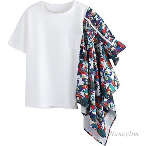 Graffiti Irregular Stitching Contrast Color Short Sleeved T Shirt for Women 2021 Summer New Loose White Tops Harajuku