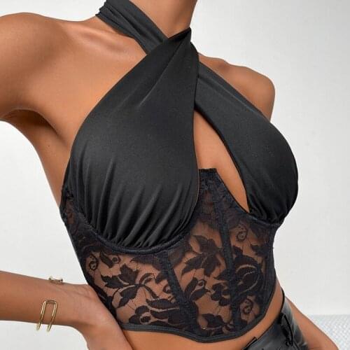 Female Camisole Lace Floral Halter Neck Strappy Vest Sleeveless Crop Tops for Summer Black S/M/L