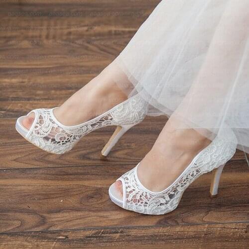 2020 Fashion Women White High Heels Shoes Woman Thin Heel Platform Peep-Toe Hollow Sandals Lace Bride Wedding Shoes Plus 41