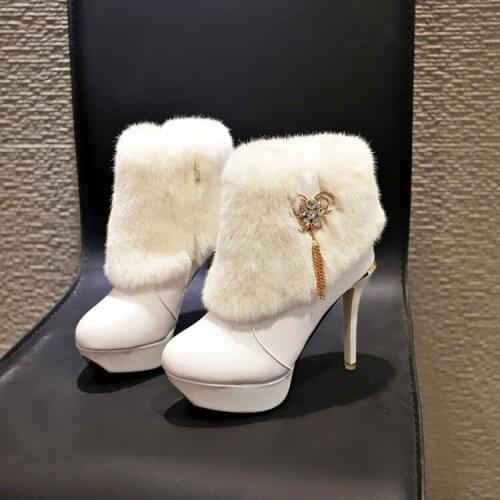 2018 new Martin boots female high heel stiletto waterproof platform rhinestone tassel white tube warm womens boots