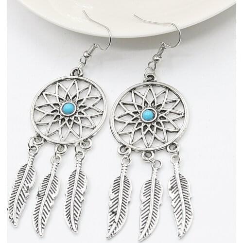 New Ethnic Silver Color Feather Drop Earrings for women Vintage leaf Silver Long Dangle Earrings Blue Stone Jewelry Party Gift