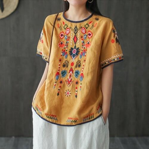 Johnature Women Vintage Summer T-Shirts Short Sleeve Loose Soft Linen 2021 New Casual Clothes Female T-shirts Tops