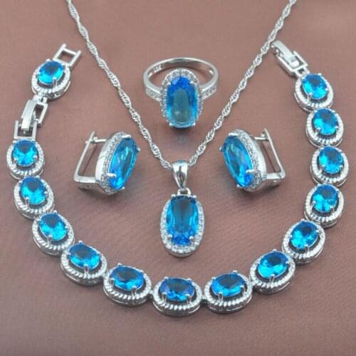 2020 New Sky Blue Crystal Silver Color Jewelry Sets Womens Brithday Gift Bracelet Necklace Pendant Earrings Ring YZ0168