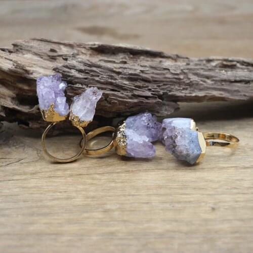 Raw Amethysts Geode Druzy Adjustable Rings Natural Stone Crystal Quartz Drusy Gold Color Ring Women Jewelry Dropshipping,QC4043