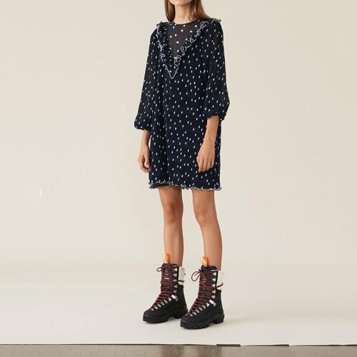 New Fashion Women Polka Dot Print Mini Dress Ruffles Trim O-Neck Long Sleeve Pleated Loose Dresses