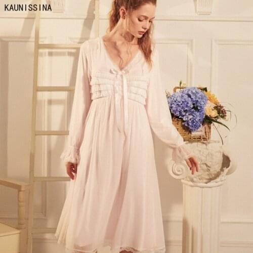 Women Princess Dress Autumn Winter Retro Pleated Cotton Lace Nightdress Long Sleeve Loose Sleepshirts Courtly Style Night Gown