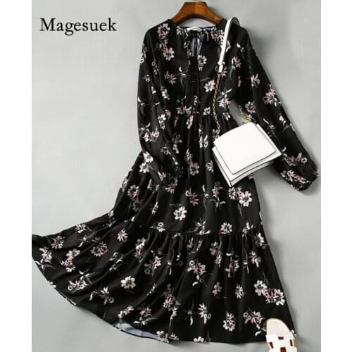 Floral Black Dress Elegant Spring and Autumn Bottoming Dress 2021 New Slim Fit Midi Long Dress Robe Vintage Dress Women 13496