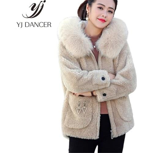 Sheep Sheared Winter Coat Warm Thickening Female 2018 New Fox Fur Collar Fashion Hooded Casual Fur Women Coat CSS335