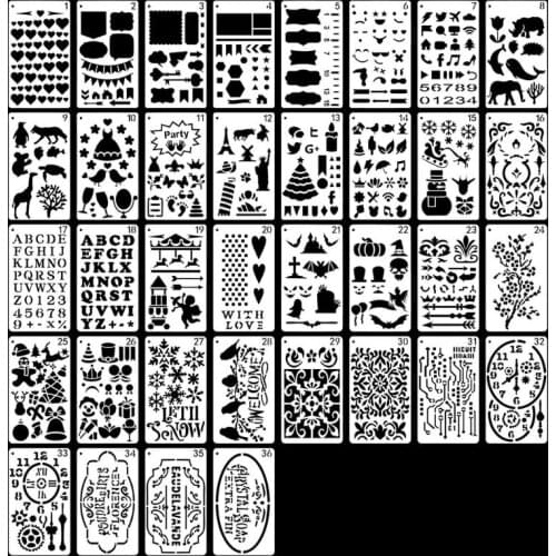 36pcs/set Journal Drawing Template Stencil Painting Embossing Scrapbooking DIY Diary Decorative