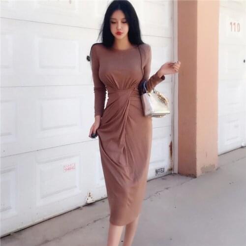 AOSSVIAO Knee-Length Dress Knitted Elastic Sleeveless Bodycon elegant Women 2021 Pleated Sexy O-Neck Button Party Slim Dresses