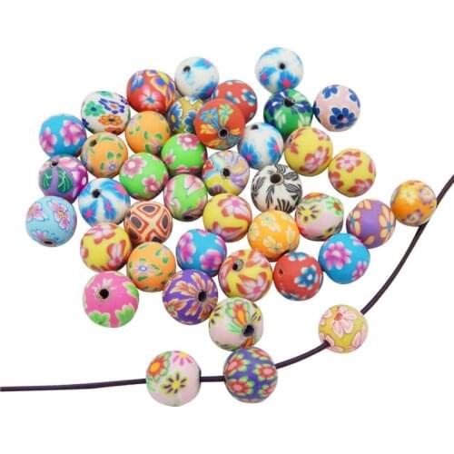 Julie Wang 30PCS 8/10/12mm Ball Beads Polymer Clay Flower Spacer Beads Random Color Necklace Bracelet Jewelry Making Accessory