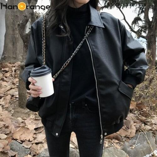 HanOrange Women Faux Leather Jacket Oversize Biker Turndown Collar PU Motorcycle Jackets Loose Streetwear Outerwear Spring Coat