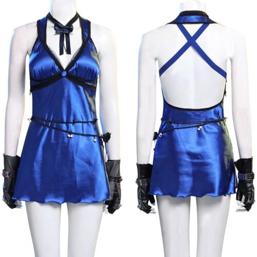 Adult Women Gmme FF Remake Cosplay Costume Tifa Blue Dress For Girl Fancy Halloween Party Outfit With Cool Gloves