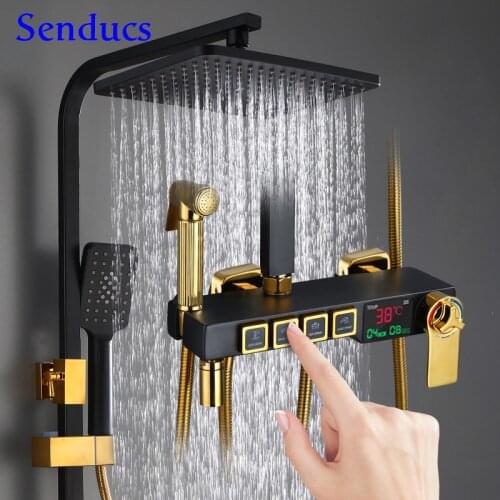 Bathroom Shower Set Matte Black Thermostatic Shower System Rainfall Shower Head Brass Bathtub Faucet Inwall Digital Bath Shower