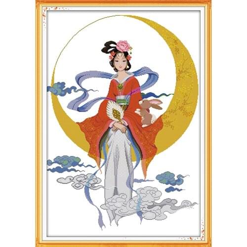 NKF The Goddess Chang'e Flying to the Moon Embroidery Needlework Set 11CT 14CT Chinese Beauty Cross Stitch for Home Decor