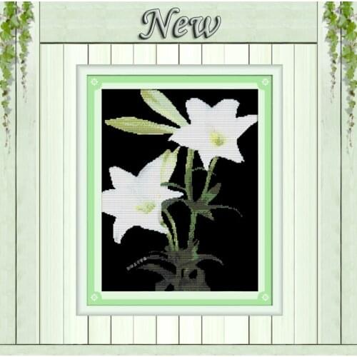 Lily white flower diy painting counted on canvas Cross Stitch Embroider kits Needlework Sets DMC 14CT 11CT black cloth unprinted