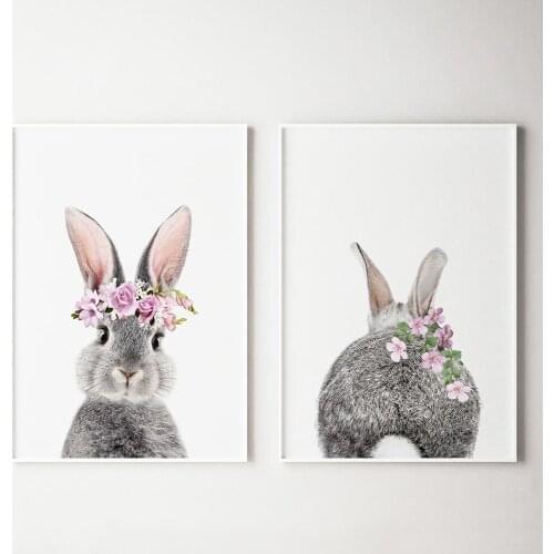 Bunny Print Set of 2 with Pink Balloon Nursery Painting Rabbit Animal Floral Crowns Wall Art No Frame Pictures