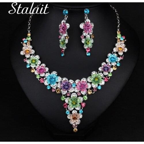 Ethic Cute Flower Inlay Multi Color Rhinestone Bridal Jewellery Set Women Wedding Dress Accessories Silver Color
