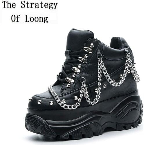 Spring Autumn New Hip-hop Style Chic Metal Chain Wedges Height Increasing Platform Rivet Women Pumps Ladies Sneaker Shoes 1224