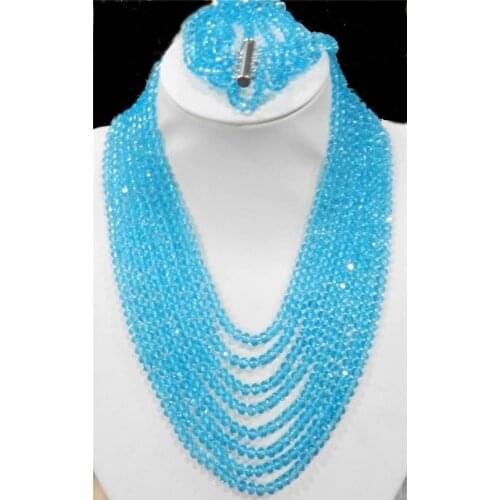 2015 new fashion charming 8 rows jewelry blue Crystal beads chain necklace 5 rows Bracelet sets Jewelry Wholesale and retail