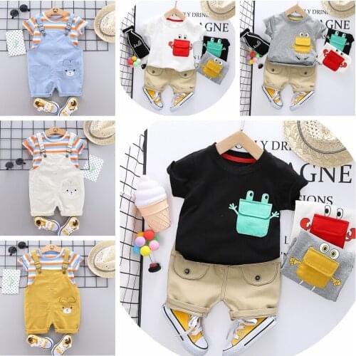 Toddler Boys Clothing Striped T-Shirt Denim Overalls Fashion Cartoon Print Sets Short Sleeve For Baby Kid Denim Outfit Costume