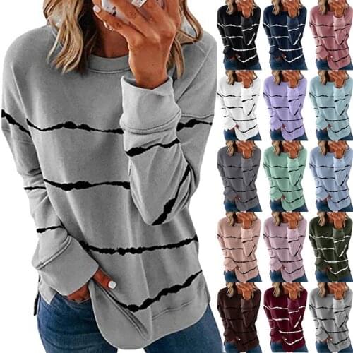 Casual Home Lazy Style Sweatshirt Tie Dye Printed Stripe O-Neck Loose Long Sleeve T-shirt for Women
