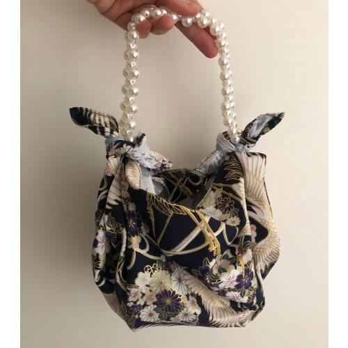Handle PU manmade new Pearls beads furoshiki cloth package japanese style earth friendly recycle strap bag shoulder belt